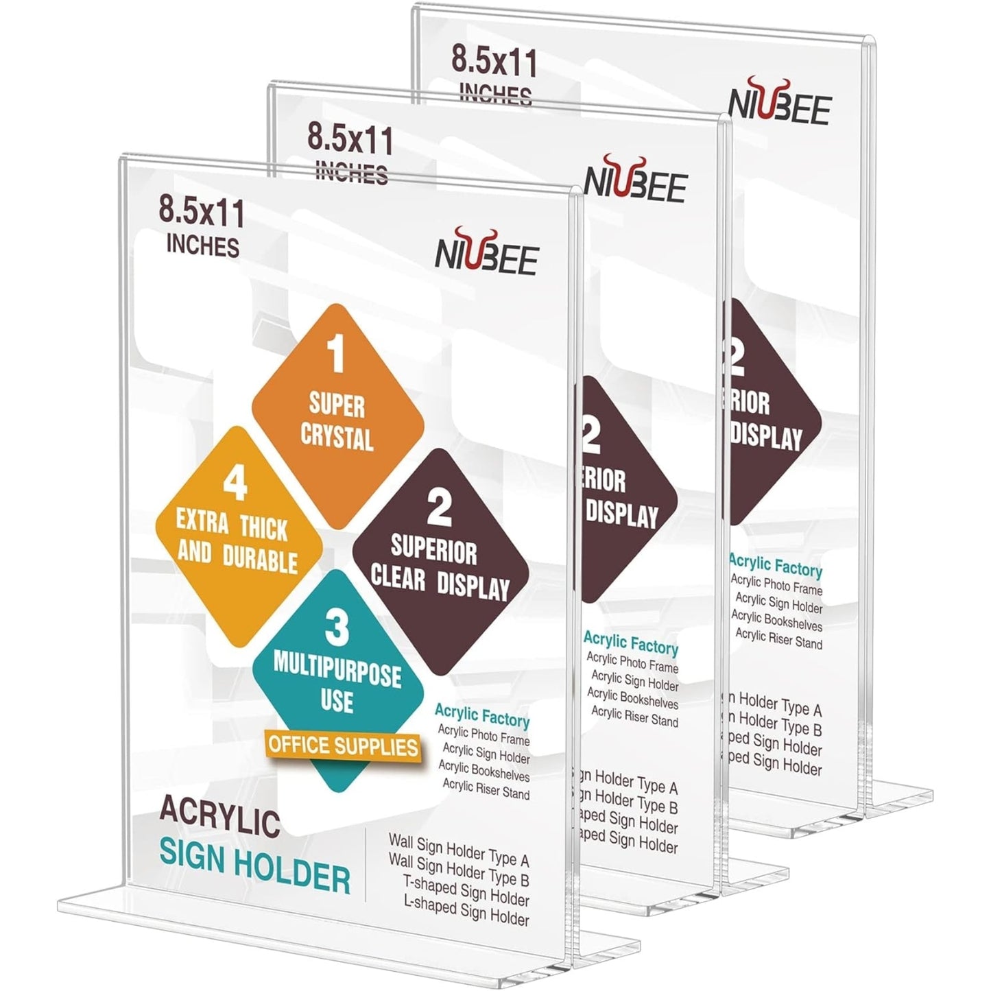 8.5×11" Acrylic T-Stand Vertical Sign Holder – 3 Pack - NIUBEE