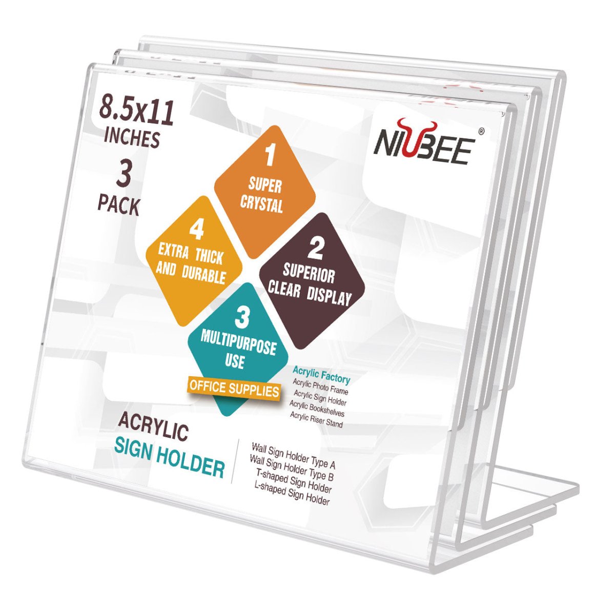8.5×11" Acrylic L-Stand Horizontal Sign Holder – 3 Pack - NIUBEE