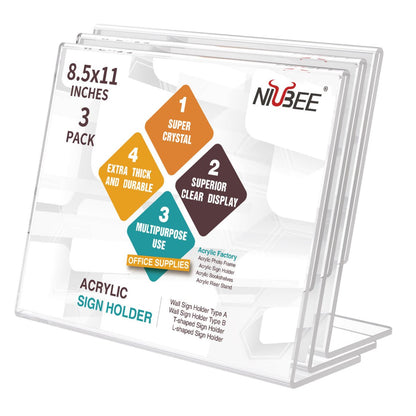 8.5×11" Acrylic L-Stand Horizontal Sign Holder – 3 Pack - NIUBEE