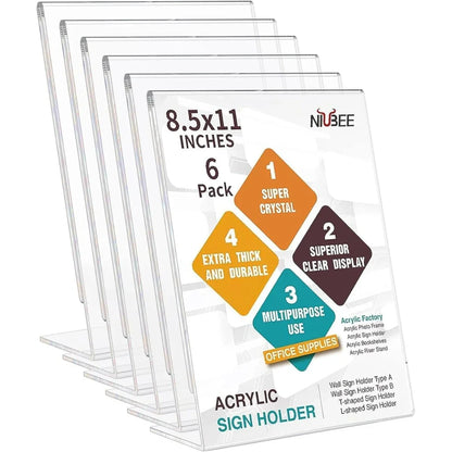8.5×11" Acrylic L-Stand Vertical Sign Holder – 6 Pack - NIUBEE