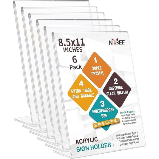 8.5×11" Acrylic L-Stand Vertical Sign Holder – 6 Pack - NIUBEE
