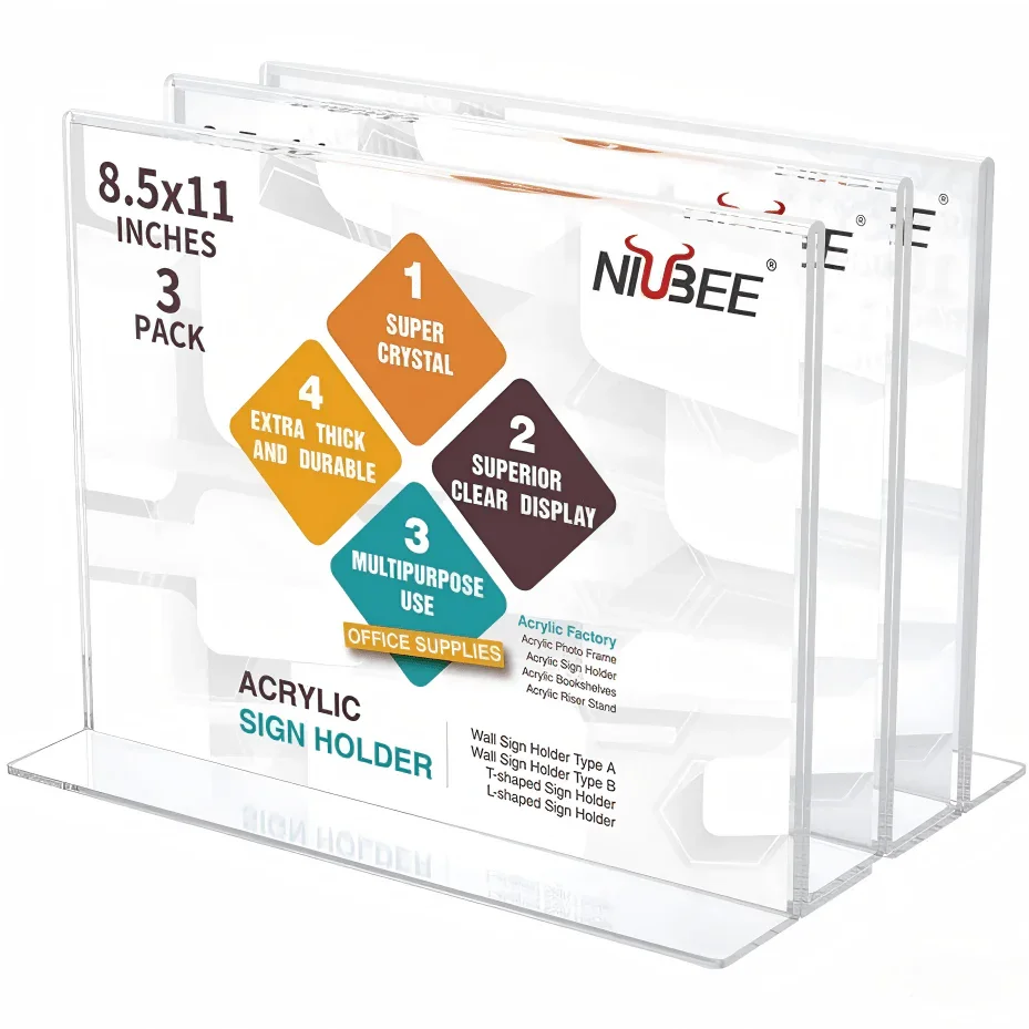 8.5×11" Acrylic T-Stand Horizontal Sign Holder – 3 Pack - NIUBEE